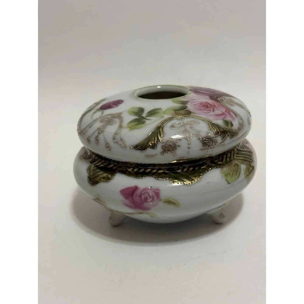 Antique Hand Painted Nippon Hair Receiver Pink Roses Gold Gilt 3 Footed Japan